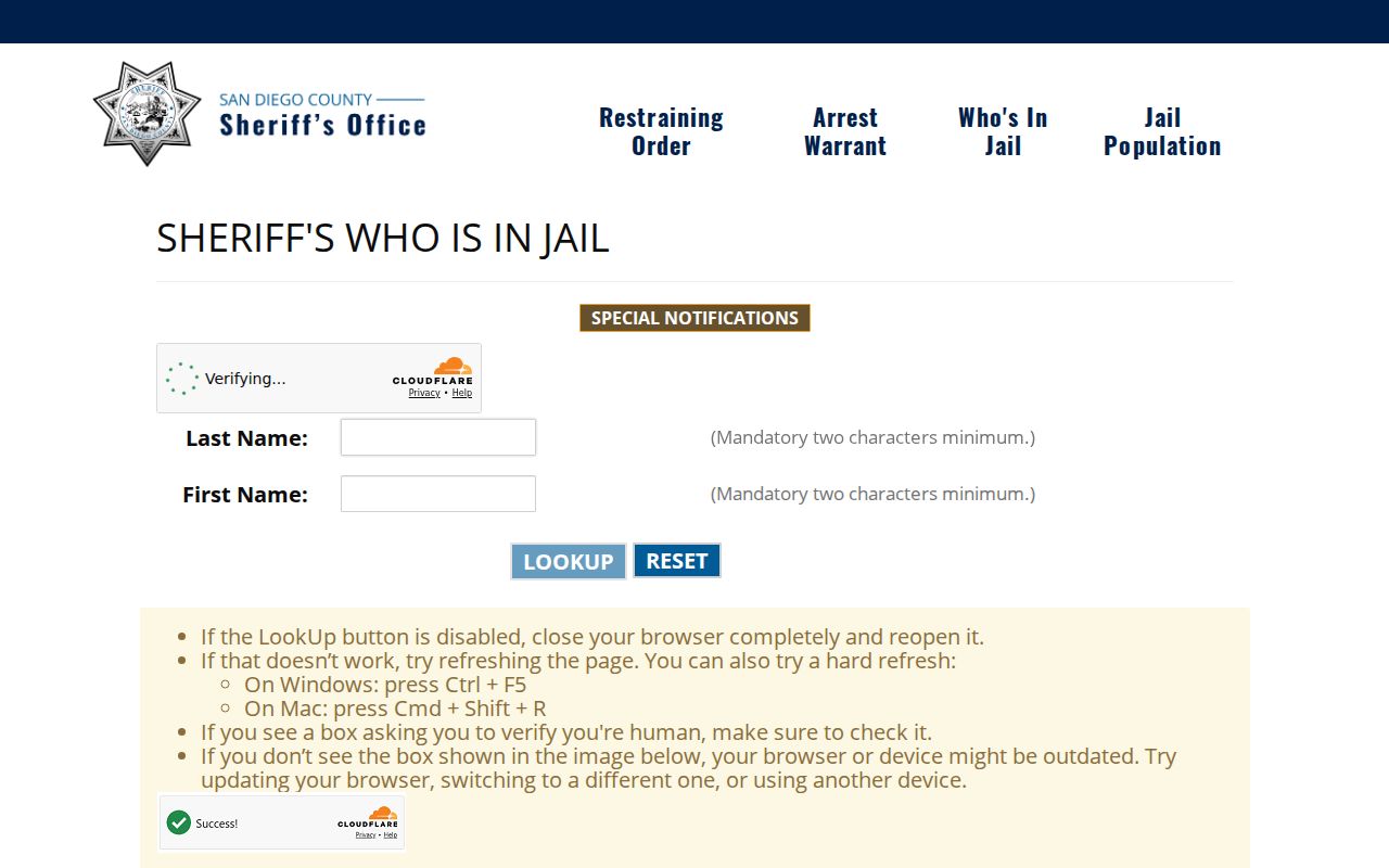 Santee resident lookup San Diego County custody search